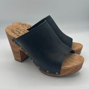 Kork-Ease Clogs Women Sz 6 Black Studded Leather Wood Platform Mules KEOO12403